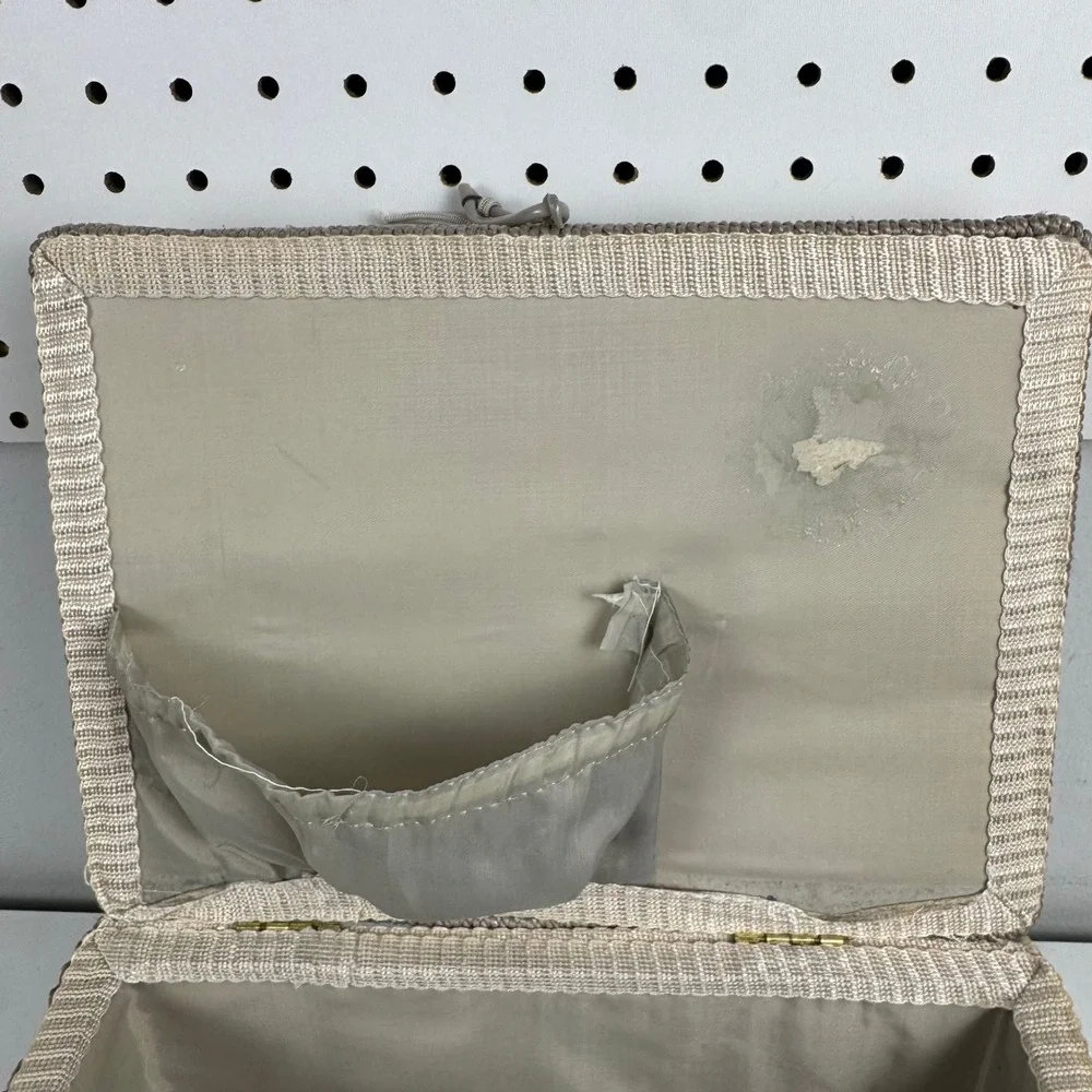Vintage Woven Sewing Basket Damask Padded Lid Taupe Craft Organizer Box Handle